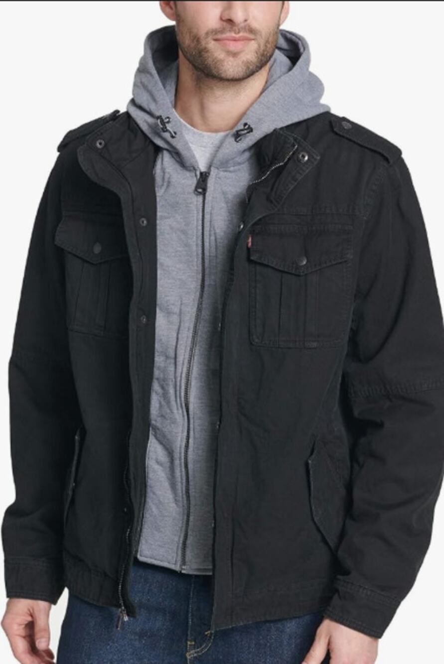 Levi's Men's Washed Cotton Hooded Military Field Jacket Black Gray Size Small